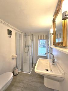 a bathroom with a sink and a shower and a toilet at WattLütt in Oevenum +14 photos