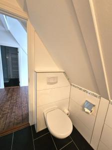 a bathroom with a white toilet in a room at Ilskes Hus in Oevenum +23 photos