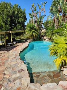 a pool in the middle of a yard with rocks at De Molen Guest House in Somerset West