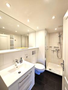 a bathroom with a sink and a toilet and a shower at Pastoratshof - Haus 6 in Wrixum +16 photos