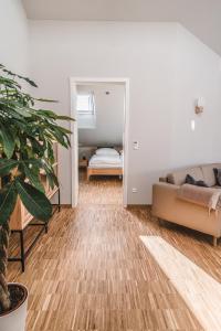 a living room with a couch and a potted plant at Maison Bellevue in Westendorf