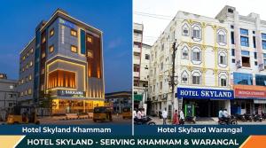 two pictures of a building in a city at Hotel SkyLand Warangal in Warangal