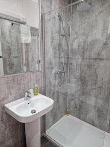 a bathroom with a sink and a shower with a glass door at Broadway Country House in Laugharne +14 photos