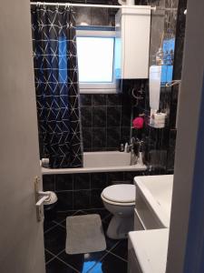a bathroom with a toilet and a sink and a window at Apartman Panonia in Slavonski Brod +4 photos