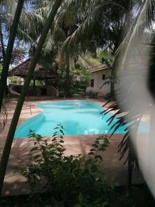 a swimming pool in a yard with palm trees at Susans cottages diani beach in Ukunda