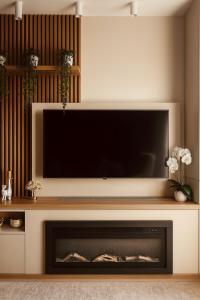 a living room with a television and a fireplace at Panorama GOLD Vrnjačka Banja in Vrnjačka Banja +7 photos