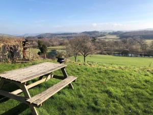 a wooden picnic table sitting on a grass field at 3 Bed in Conwy oc-typll in Llangelynin +9 photos