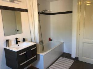 a bathroom with a sink and a bath tub and a mirror at inn Venlo Apartment in Venlo