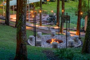 a fire pit in a park with trees and lights at Bobocabin Coban Rondo, Malang in Songgoriti