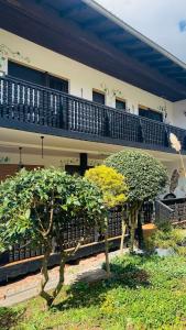 two trees in front of a building with a balcony at Comfort Doppelzimmer mit Balkon und Blick ins Grüne in Mespelbrunn