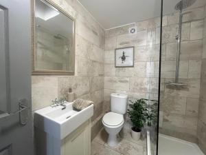a bathroom with a toilet and a sink and a shower at 2 Bed in Holyhead oc-81515 in Caeʼr-geiliog +13 photos