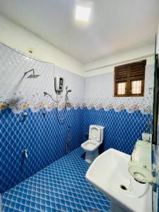 a blue tiled bathroom with a toilet and a sink at Devil mountain villa- kalupahana in Etimole +28 photos