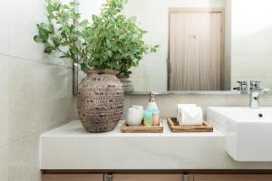 a bathroom with a vase with a plant on a counter at Luxurious Studio Hidden Condo In Dubai in Dubai +21 photos