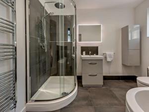 a bathroom with a shower and a toilet and a sink at 4 Bed in Llandovery oc-90307 in Myddfai +32 photos