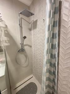 a shower with a shower curtain in a bathroom at Ana Lux Master Apartment 14 in Podgorica +20 photos