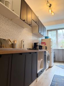 a kitchen with gray cabinets and a white refrigerator at Sleep & Go Floreasca Green in Bucharest