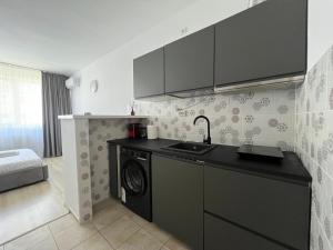 a kitchen with a washer and dryer in a room at STM Studio la 5 minute de plaja in Mangalia