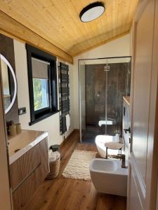 a bathroom with two sinks and a toilet and a shower at Chalet Marilyn in Topliţa +63 photos