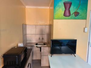 a small kitchen with a stove and a microwave at 48 ON Lindi in Welkom +4 photos