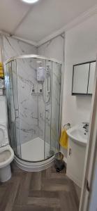 a bathroom with a shower and a toilet and a sink at Miners Arms in Workington