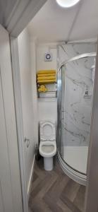 a small bathroom with a toilet and a shower at Miners Arms in Workington