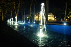 a fountain with lights in the water at night at The Ivy Hotel in Lusaka +4 photos