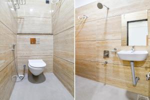 two pictures of a bathroom with a toilet and a sink at FabHotel The Backyard Bowl in Indore