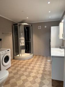 a bathroom with a washing machine and a sink at Sokkelleilighet in Grindheim