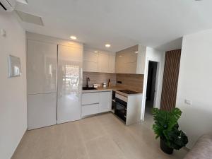 a large kitchen with white cabinets and a potted plant at Vista Mar in Mogán
