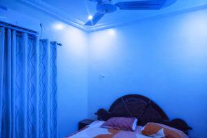 a blue room with a bed and a ceiling fan at Villa Sahel in Niamey +3 photos
