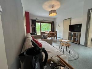 a living room with a couch and a table at Au Bout du Monde - Dinant in Waulsort