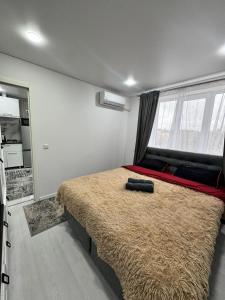 a bedroom with a large bed and a large window at Apartaments Briceni city in Briceni