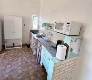 a kitchen with white cabinets and a microwave at Paz en las sierras in José de la Quintana