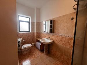 a bathroom with a sink and a toilet at Blissful Hostel in Shkodër +110 photos