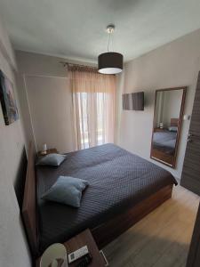 a bedroom with a large bed and a mirror at Villa Emily in Nikiti