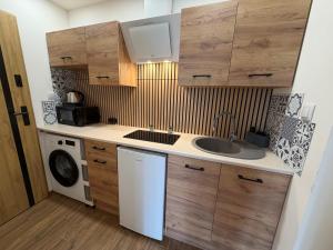 a kitchen with a sink and a washing machine at ApartmentsByMatyrafa-XV in Tarnowskie Góry