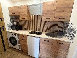 a kitchen with a sink and a washing machine at ApartmentsByMatyrafa-XV in Tarnowskie Góry +17 photos