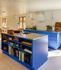 a kitchen with blue cabinets and a counter with books at Thatched Hideaway At Svinkløv Forest Edge in Fjerritslev