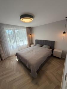 a bedroom with a bed and a large window at JAVA ESTATE apartment in Rēzekne