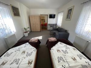 two beds in a room with a living room at Apartmán Štěpánka in Jihlava +6 photos