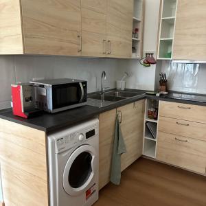 a kitchen with a washing machine and a microwave at Bagaini Urban Flat in Varese