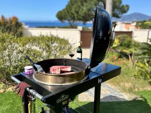 a grill with a piece of meat and a bottle of wine at Domaine LUMISTELLA in Porticcio