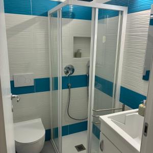 a bathroom with a shower and a toilet and a sink at Bagaini Urban Flat in Varese +11 photos