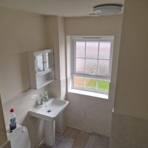 a white bathroom with a sink and a window at Nairn Way House in Kirby Muxloe