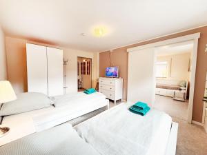 a bedroom with two beds and a television in it at Ferienwohnung Marie - WLAN, Küche, im Ortskern, Einkaufsläden in der Nähe in Malterdingen