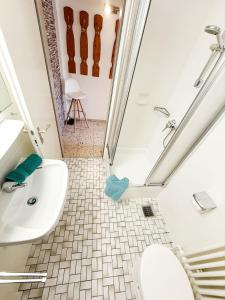 a bathroom with a shower and a sink and a toilet at Ferienwohnung Marie - WLAN, Küche, im Ortskern, Einkaufsläden in der Nähe in Malterdingen