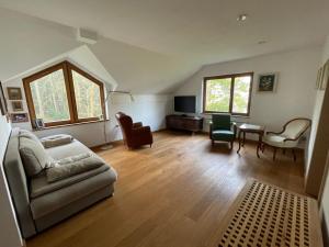 a living room with a couch and chairs and a tv at Zbilje Lake house in Medvode