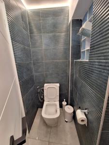 a small bathroom with a toilet in a stall at Joy's apartment in Markopoulo +9 photos