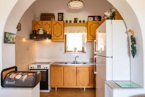 a kitchen with wooden cabinets and a white refrigerator at Minas House in Mesochórion +25 photos