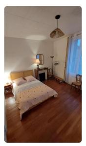 a bedroom with a large bed with a wooden floor at Maison des chateaux in Bléré